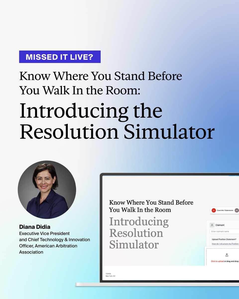 ADRorg's tweet photo. Missed it live? Learn more about our new Resolution Simulator, coming soon! 

Diana Didia, EVP and chief technology & innovation officer at the AAA, hosted a special edition of @CCBJournal's Tech Tuesday webinar showcasing our latest AI tool in action. 

Discover how the AAA’s new Resolution Simulator helps parties understand how an arbitrator might analyze claims, counterclaims, and legal arguments—supporting more informed decision-making and case preparation.   

Watch the full webinar here: https://t.co/PrjRPTCvbf

#AAAICDR #CCBJTechTuesday #LegalInnovation #DisputeResolution #LegalTechnology