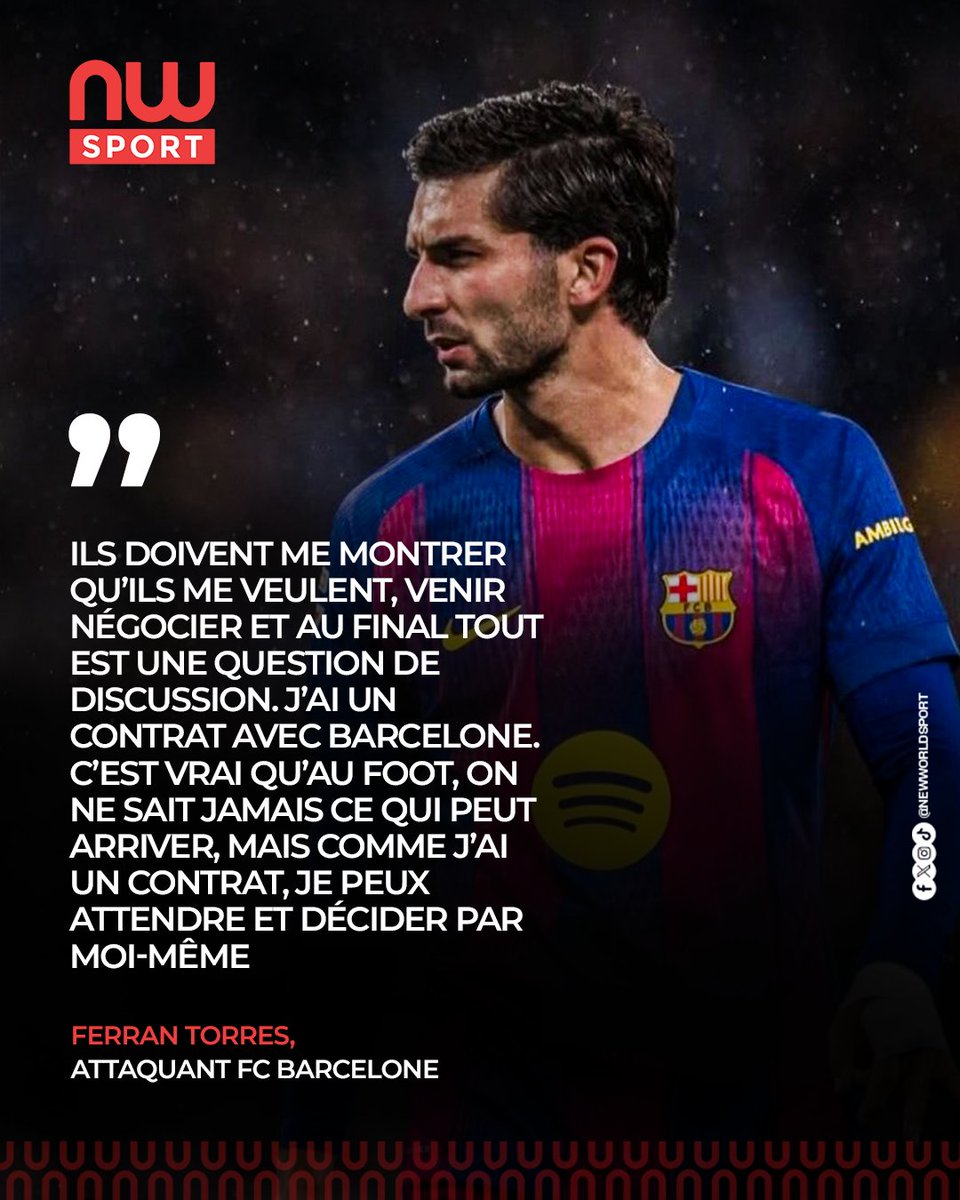 New_World_Sport's tweet photo. Ferran Torres laisse planer le doute sur son avenir au Barça
Selon vous, doit-il rester ou chercher un nouveau défi ?
#football #newworldsport #NewWorldTv #mercato #Barcelone #INFOSPORT https://t.co/Usz1MQVNjG