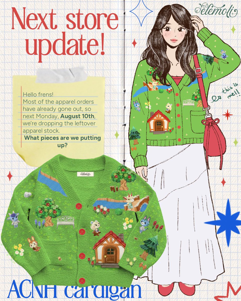 elemoli_'s tweet photo. SUMMER UPDATE ☀️

🍃ACNH cardigan leftovers
👻Spooky poke apparel leftovers
🎶Green Yuri cardigan leftovers 
🌸Magical girls cardigans leftovers 

👀 New small collection https://t.co/tiwknZscfO