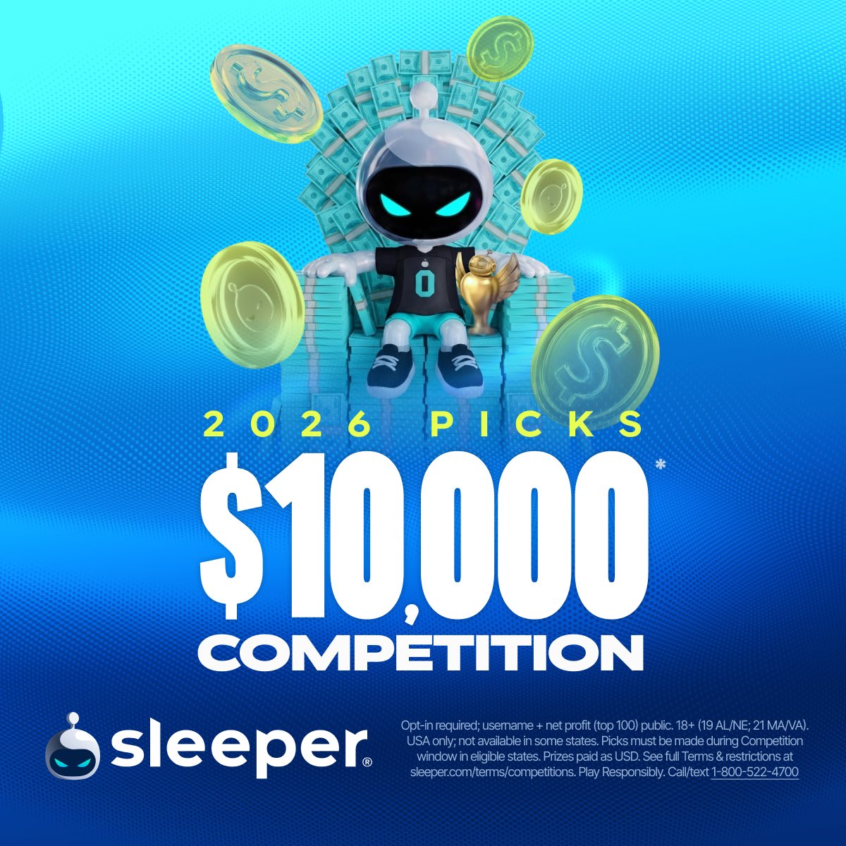 SleeperPicksHQ's tweet photo. $10,000 COMPETITION 💰

Make picks and climb the leaderboard for your chance at a share of $10K! 🤑

And… we’re sending $500 in player picks playthrough to 1 random person who likes + reposts! https://t.co/HPHeBceKLR