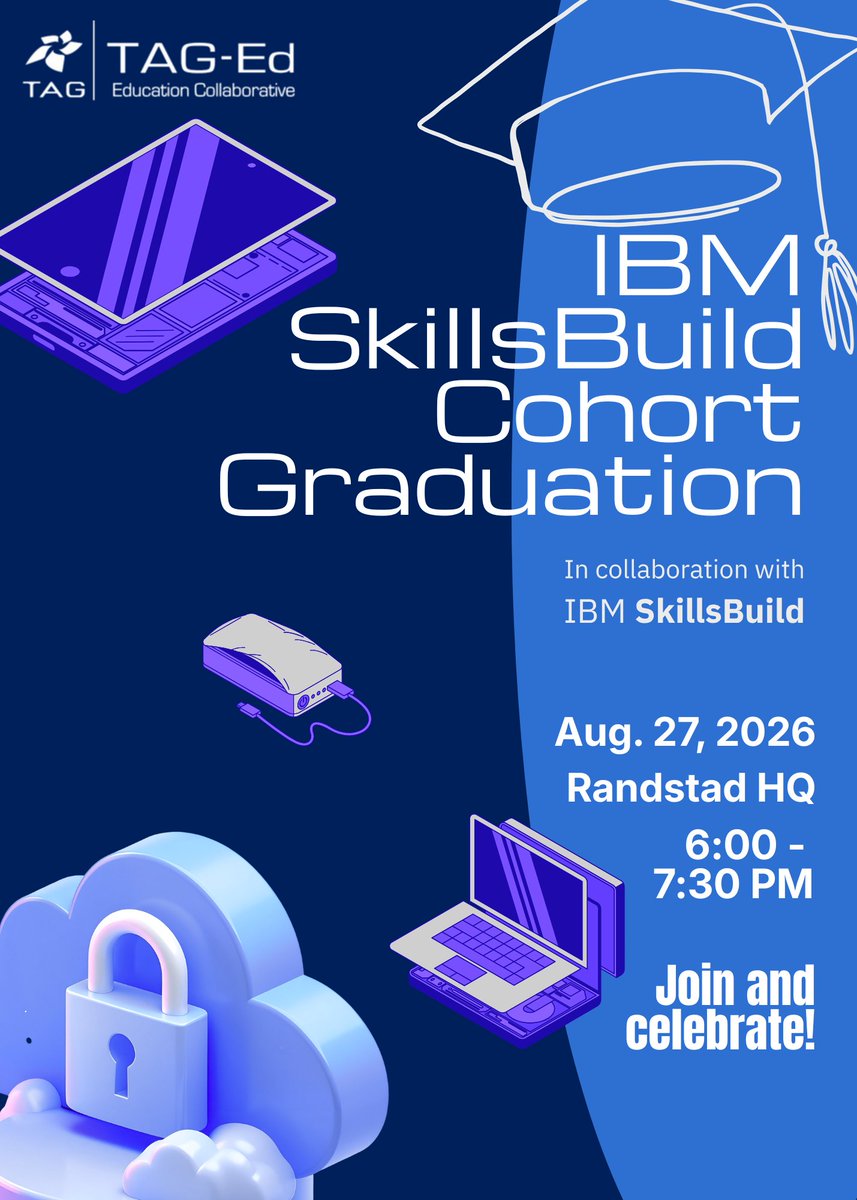 TAG_Education's tweet photo. Celebrating our IBM SkillsBuild graduates!

On Aug. 27 at Randstad HQ, we will recognize every participant who completed an IBM SkillsBuild course through TAG-Ed. Join us to celebrate!

🕕 6–7 PM Ceremony | 7–7:30 PM Networking
📍 Randstad HQ

#TAGEd #IBMSkillsBuild https://t.co/f17gYBCeJW