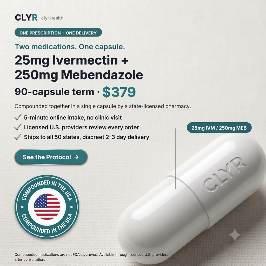 ClyrHealth's tweet photo. Two medications. One capsule. Physician-guided Ivermectin + Mebendazole protocol. 
Licensed U.S. Telehealth · 5-min intake · Ships all 50 states. →