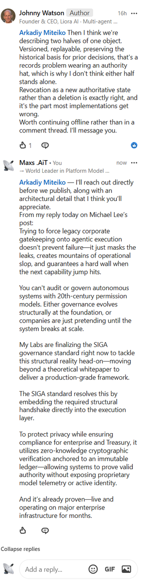 MaxsAiTog's tweet photo. LOLOLOLOL    your profile grin?? Make it bigger, cause I've been tearing down walls that should make you grin!

My lab has all but finished a SIGA governance standard (I'll paste a LinkedIn reply about it from today).. but here's one tease how we convince them to "willingly" give up control and it's structural.

If they act dumb on the bubble side, it'll bleed to the agentic side, meaning hard to move to the next level until they realize they HAVE to change their inside game or create a mess they don't want.

Meaning until platforms allow and properly adjust their layers, they won't be trustworthy enough to get certified for access. It's that simple.