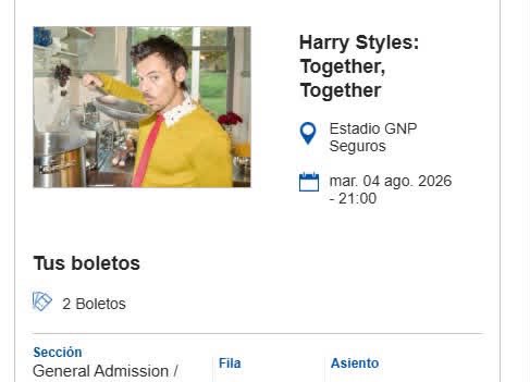 jsam_alvarado's tweet photo. Se venden dos boletos para hoy al costo zona C
#Harry
#HarryStyles
#AsItWas
#teenager
#gpn
#EstadioGNP
#Cdmx
#togetherTogether https://t.co/yGgbiefzch