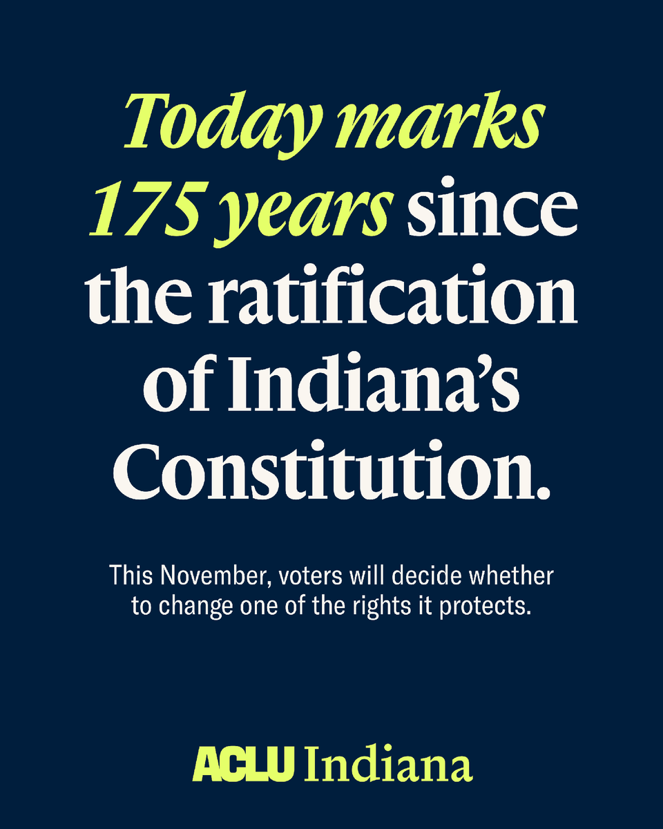 ACLUIndiana's tweet photo. Today marks 175 years since Indiana ratified its Constitution.
 
This November, Hoosiers will be asked whether to change its protection for bail. Before voting “yes” or “no,” know what this amendment would change and what is at stake. https://t.co/mFaca4Rb19