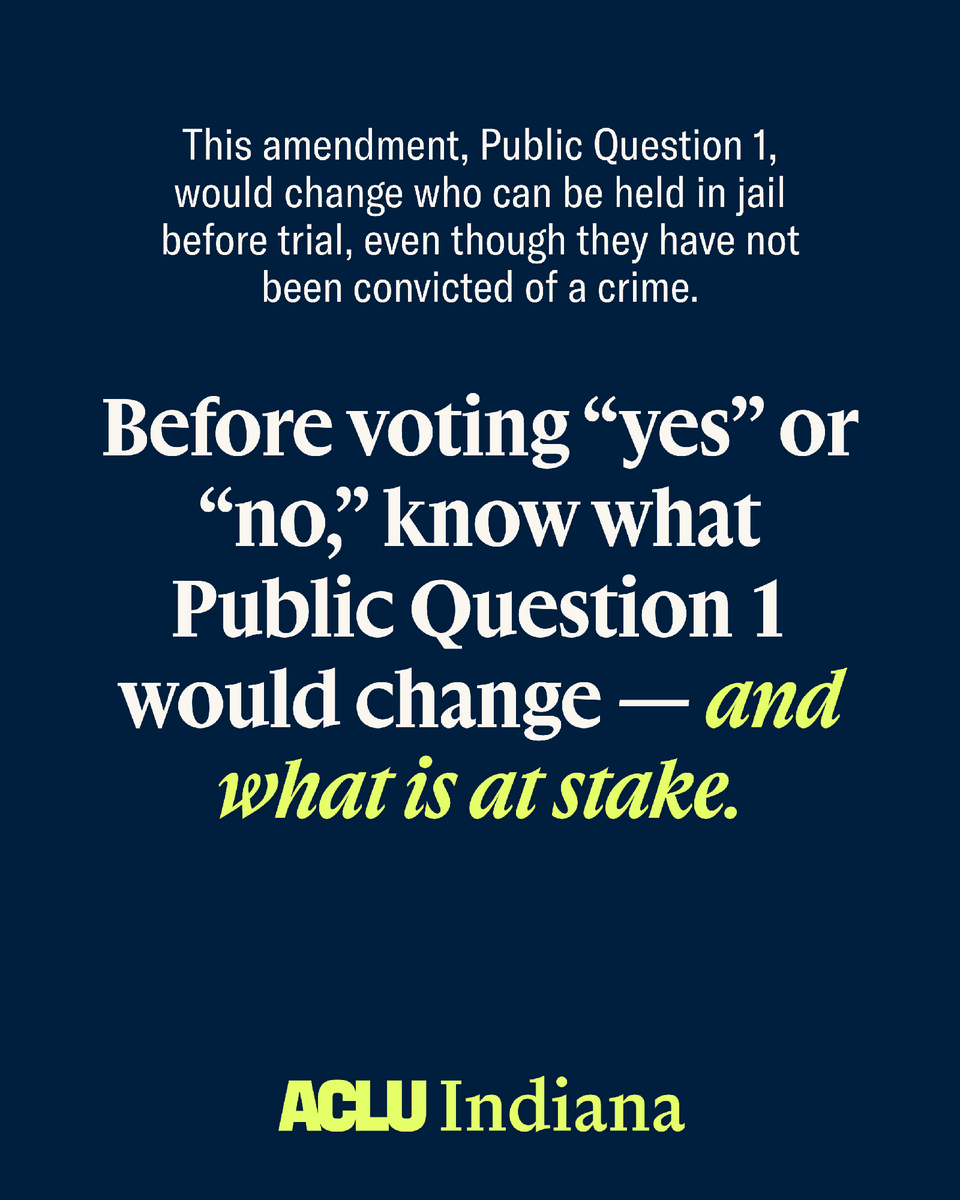 ACLUIndiana's tweet photo. Today marks 175 years since Indiana ratified its Constitution.
 
This November, Hoosiers will be asked whether to change its protection for bail. Before voting “yes” or “no,” know what this amendment would change and what is at stake. https://t.co/mFaca4Rb19