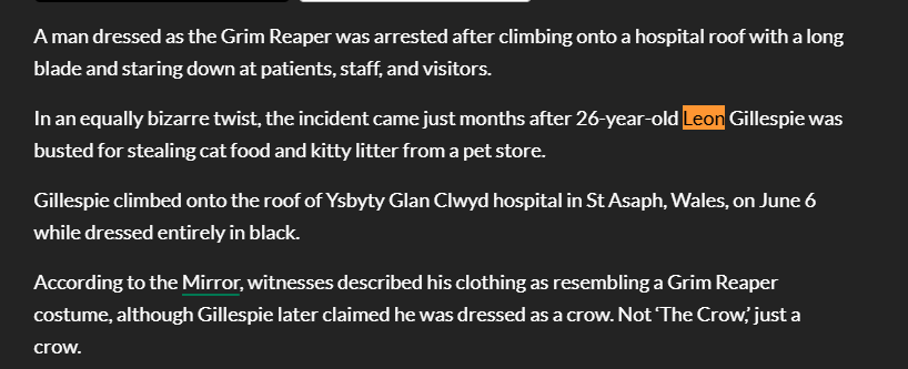 0xYuna99's tweet photo. A grim reaper was just arrested for falling off a building for a stunt after trying to get food for his cat???

His name was Leon and 
https://t.co/WDibcmxYVn https://t.co/ZKa3gbBMfU
