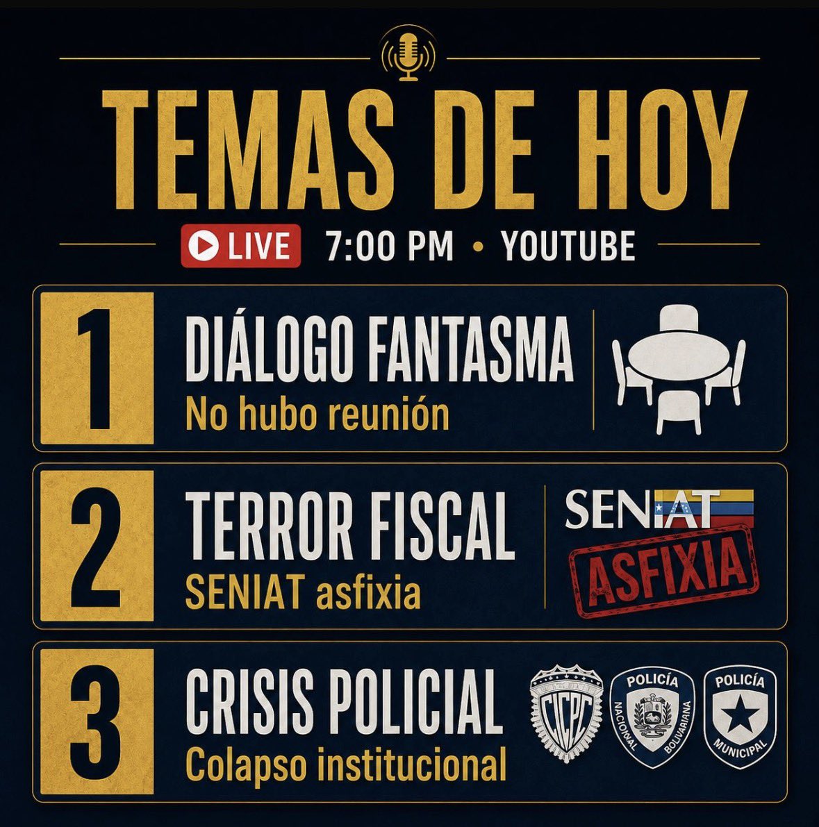 Simonovis's tweet photo. Hoy, martes 4 de agosto, en vivo a las 7:00 PM por YouTube en @simonovisoficial.

¿Análisis de la reunión anunciada para el 1 de agosto? ¿Por qué el SENIAT sigue asfixiando a quienes producen? ¿Cómo llegaron el CICPC, la PNB y las policías municipales a este nivel de crisis?

También responderé sus preguntas en directo.

#Venezuela #IvanSimonovis #EnVivo