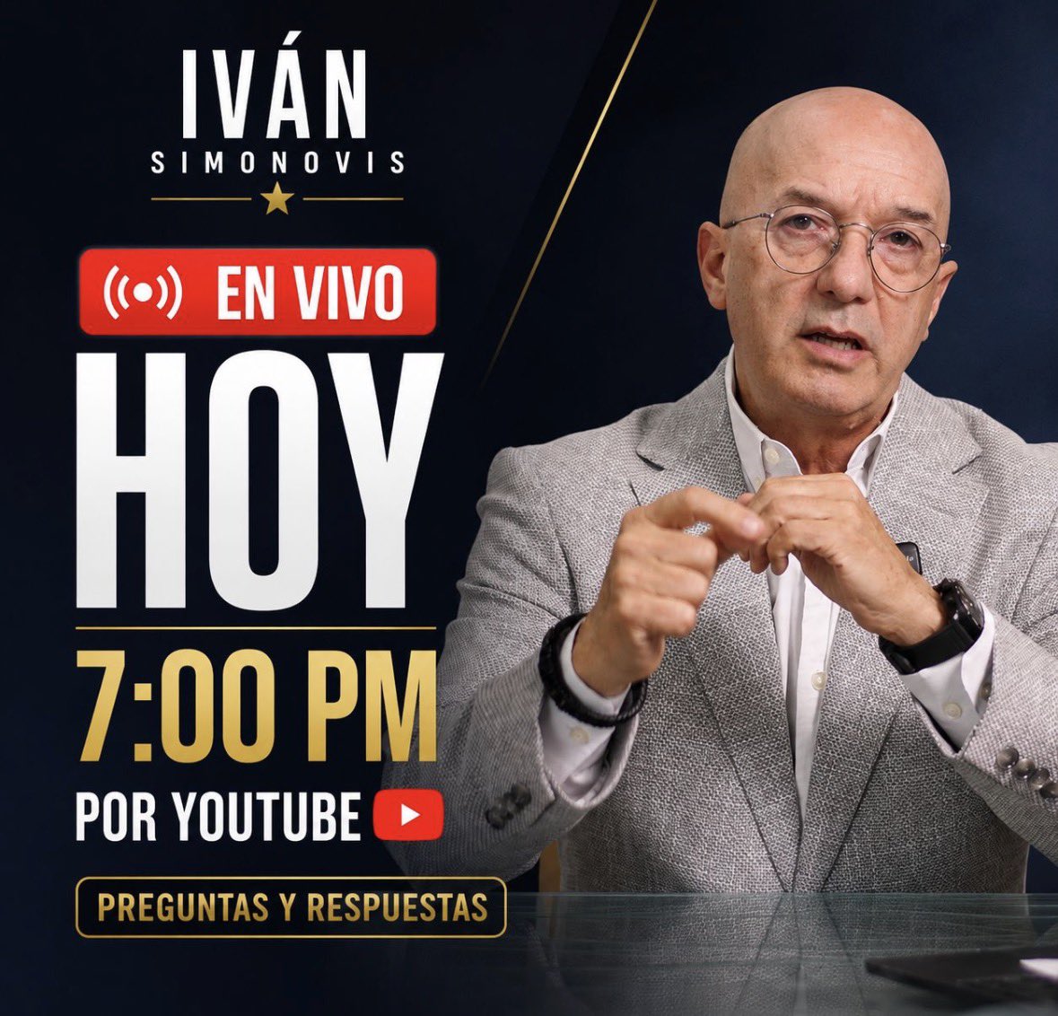 Simonovis's tweet photo. Hoy, martes 4 de agosto, en vivo a las 7:00 PM por YouTube en @simonovisoficial.

¿Análisis de la reunión anunciada para el 1 de agosto? ¿Por qué el SENIAT sigue asfixiando a quienes producen? ¿Cómo llegaron el CICPC, la PNB y las policías municipales a este nivel de crisis?

También responderé sus preguntas en directo.

#Venezuela #IvanSimonovis #EnVivo