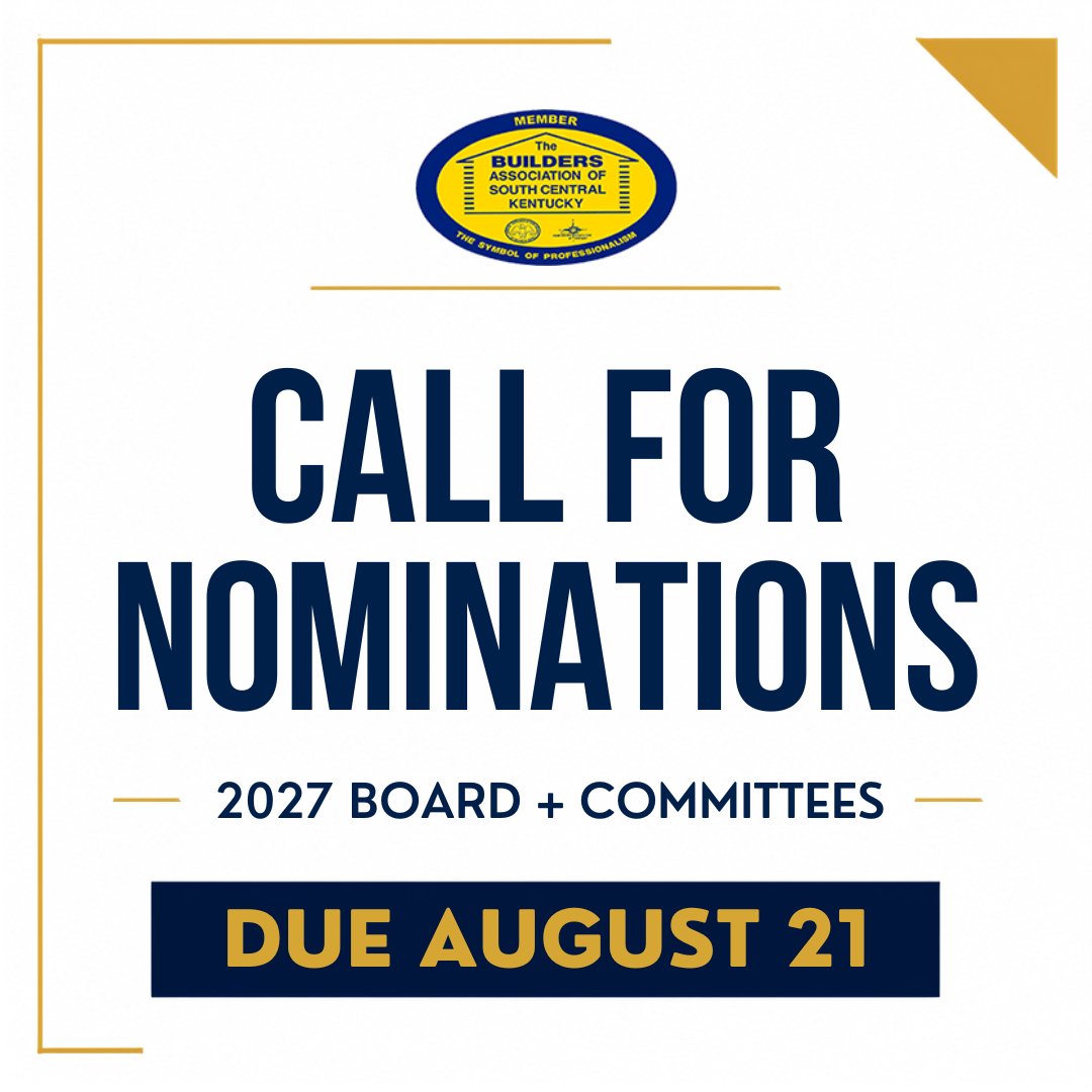 BldrsAssocSCKY's tweet photo. Want to become more involved with BASCKY?

Nominations are open for the 2027 Board of Directors and association committees. Many committee opportunities are project-based.

Return the Call for Nominations by August 21. https://t.co/rFaAE5epOX