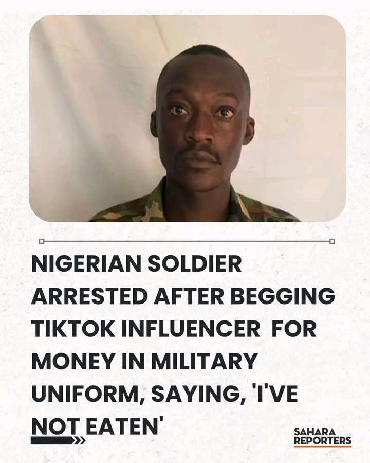 Ribadigest's tweet photo. A Nigerian Soldier arrested after begging Tiktok Influencer for Money in Military Uniform saying " I have not eaten for days"

Salah Misha Nottingham Forest Peller  Come Baby Come Kamukunji Arsenal https://t.co/AhARxRDc9b