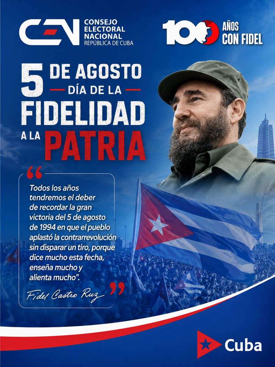 Elecciones_Cuba's tweet photo. #CubaViveEnSuHistoria 🇨🇺
En esta fecha el pueblo cubano demostró, una vez más, la incondicionalidad a sus valores y principios revolucionarios, así como su lealtad al Comandante en Jefe Fidel Castro Ruz, en respuesta a los hechos ocurridos en 1994.
#100AñosConFidel 🇨🇺 https://t.co/4eDi57NA7v
