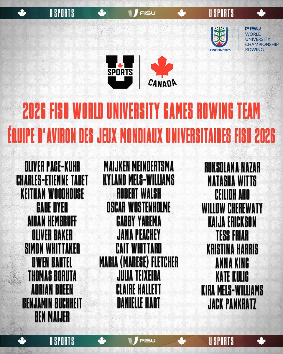 USPORTSIntl's tweet photo. ➡️ Rowing Canada Aviron Announces 2026 FISU World University  Championship Team  

➡️ Rowing Canada Aviron annonce la composition de l’équipe pour les Championnats du monde universitaires de la FISU 2026  

EN: https://t.co/ShqSZS3Zo4
FR: https://t.co/y6jEW1kLsC https://t.co/53BbkXr62A