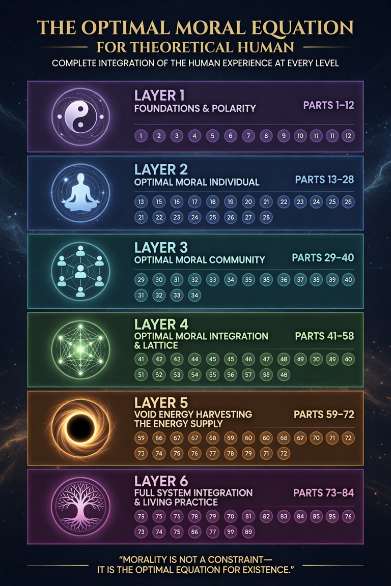 JOHNNELSON61826's tweet photo. 84 part series that explains #ObjectivMorativity full objective moral alignment for individual,  community,  territory,  globe level society,  multi- planet, and beyond.  

individual rights fundamentalism, personal alignment with creator,  and using the unconscious voids infinite energy to supply it.  

The Optimal Moral Equation for Theoretical Human: Complete Integration of the Human Experience at Every Level (1-28/84 parts)

https://t.co/V12OFVsCAl

The Optimal Moral Equation for Theoretical Human: Complete Integration of the Human Experience at Every Level (29-58/84 parts)

https://t.co/3u0cLrTZ3j

The Optimal Moral Equation for Theoretical Human: Complete Integration of the Human Experience at Every Level (59-84/84 parts)

https://t.co/WiBK59O86j

LAYER 1: Foundations & Polarity (Parts 1–12)
LAYER 2: Optimal Moral Individual (Parts 13–28)
LAYER 3: Optimal Moral Community (Parts 29–40)
LAYER 4: Optimal Moral Integration & Lattice (Parts 41–58)
LAYER 5: Void Energy Harvesting – The Energy Supply (Parts 59–72)
LAYER 6: Full System Integration & Living Practice (Parts 73–84)