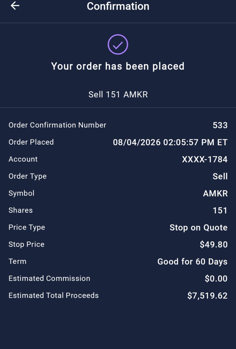 GeorgiesInvest's tweet photo. $AMKR update: $7K account is now $8,394—up 19.92%, including +9.34% today. Buyers are stepping back in after the post-earnings selloff. I’m raising my stop from $45.50 to $49.80, above my $46.36 cost basis, protecting about $512 while still giving the trade room. #7KChallenge https://t.co/XadNGuZiaJ