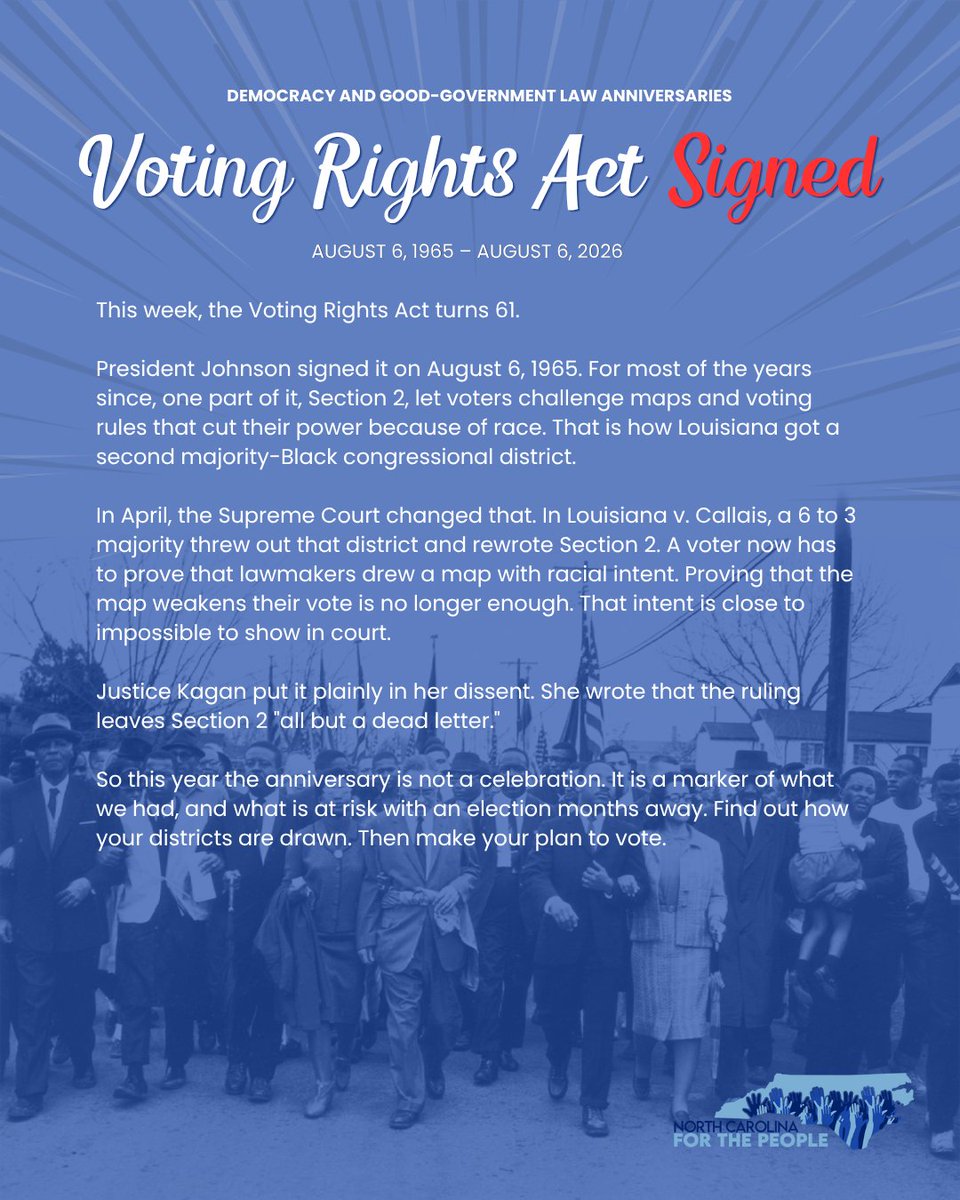 NCForThePeople's tweet photo. NC is already feeling the impact of Louisiana v. Callais. After the ruling narrowed Section 2 claims, two Black voters dropped their appeal challenging state Senate districts.

The Voting Rights Act turns 61 this week. Check your district and registration. Vote Nov. 3. https://t.co/9NIdMePWFu