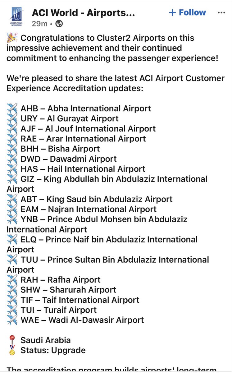 AliMmasrahi's tweet photo. فخور جدًا اليوم وأنا أشارككم هذا الإنجاز 

منظمة ACI World أعلنت اليوم عن ترقية اعتماد تجربة المسافر (Airport Customer Experience Accreditation) لـ ١٨ مطار من مطارات تجمع مطارات الثاني.

هذا الإنجاز هو نتيجة عمل دؤوب من فرقنا التشغيلية في كل مطار، وحرصهم اليومي على أن تكون تجربة المسافر — من لحظة دخوله المطار إلى مغادرته — تجربة تليق بتطلعات رؤية ٢٠٣٠ في تطوير قطاع الطيران والسياحة.

الاعتماد الدولي هو التزام مستمر نحو التحسين، ومقياس نقارن فيه أنفسنا بأفضل المطارات على مستوى العالم.

الشكر موصول لكل فريق في تجمع مطارات الثاني ساهم في هذا الإنجاز، ولزملائنا في الهيئة العامة للطيران المدني وشركائنا في ACI على دعمهم المستمر.