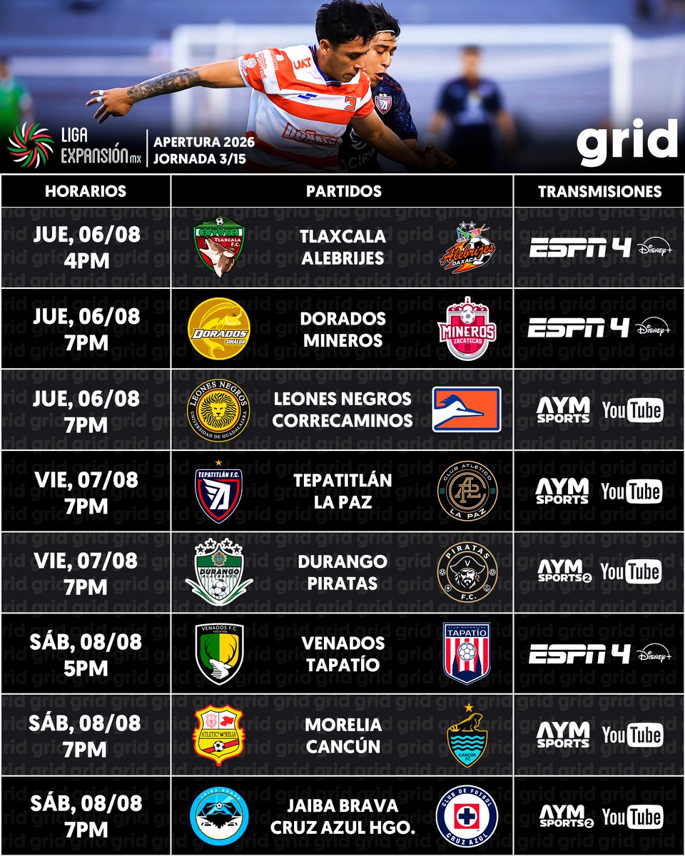 gridDeportes's tweet photo. ⚽️ Grid de la Jornada 3 del Apertura 2026. #LigaBBVAExpansiónMX 🇲🇽

➡️ Horarios y transmisiones para México.
⚠️ Sujeto a cambios de último momento. https://t.co/USK9yzQFlF