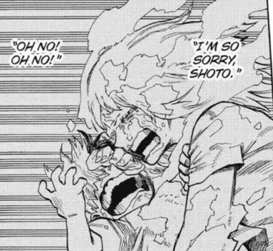 ShotosPrmanager's tweet photo. Like yall the problem and issue I have especially for the anime taking out this panel is high. It’s so important in multiple ways! 1. It tells us and shows that Shoto’s scar is not a burn scar! It’s  a frost burn scar. Because Rei put her ice on the burning water!!! https://t.co/HFDiSzUZ7l