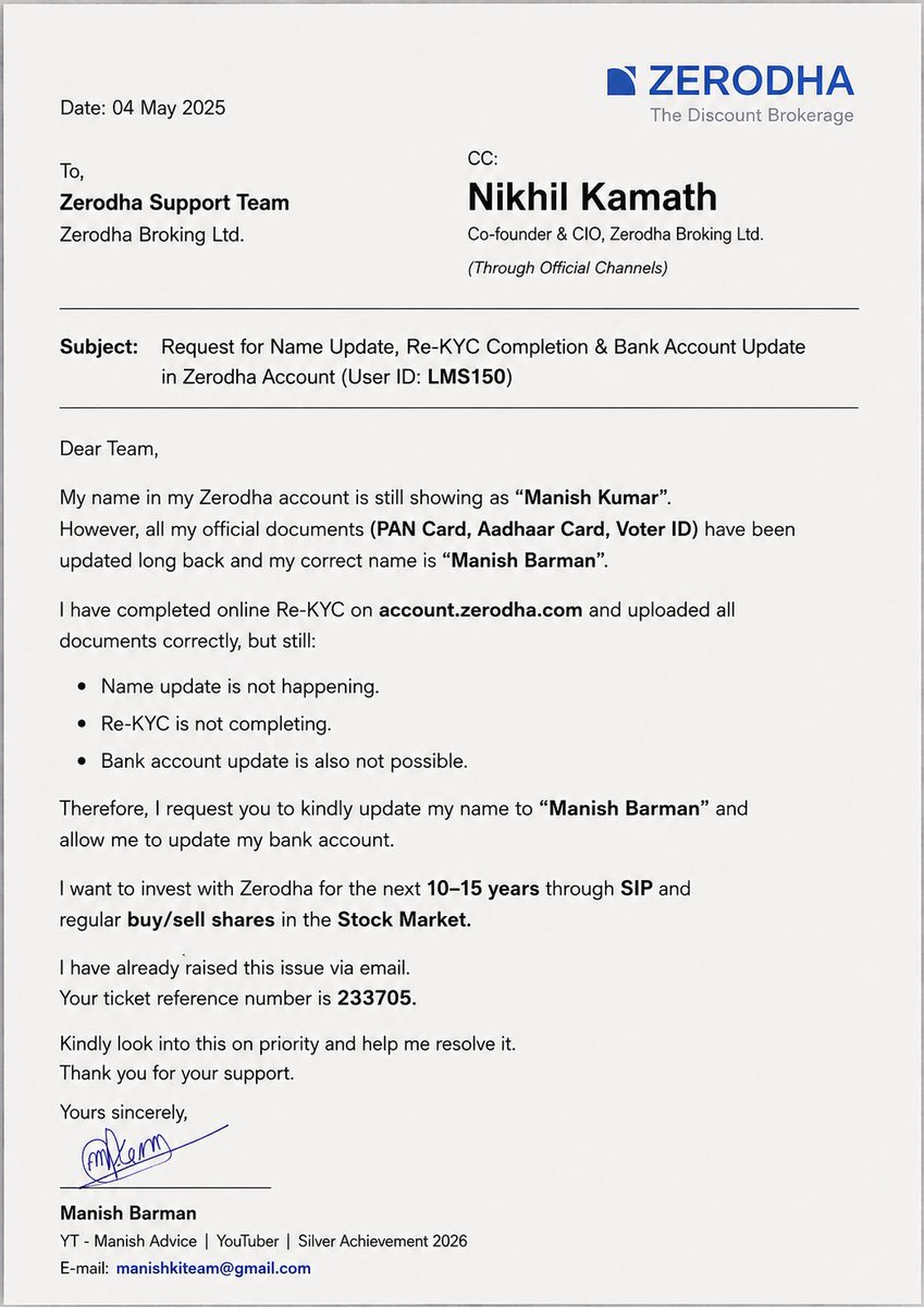 Manishbarmanyt's tweet photo. Hello @zerodha @nikhilkamathcio , I’m facing significant difficulty with my account issue and have been quite concerned. I sincerely request your help in getting it resolved. 🙏

ID: LMS150 | Ticket #233705 https://t.co/BQDgUcMKT5