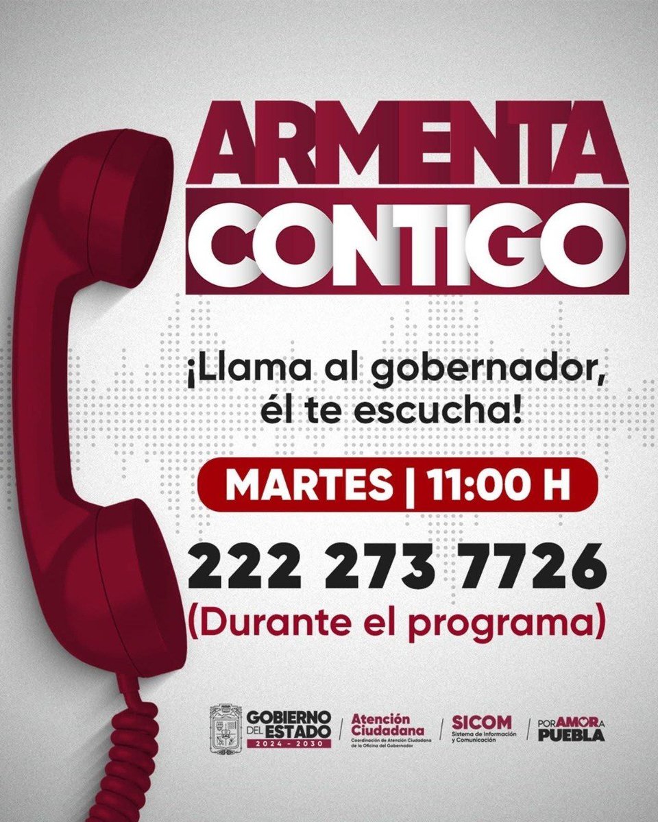 ReservaGobPue's tweet photo. 📞 ¡En #ArmentaContigo tu voz cuenta!
Llama al gobernador @armentapuebla_ comparte tus propuestas, dudas o necesidades. Un espacio de diálogo directo para escuchar a las y los poblanos y seguir construyendo un mejor estado.

☎️ Comunícate al 222 273 7726.

#PorAmorAPuebla https://t.co/u7ptBrXyDD