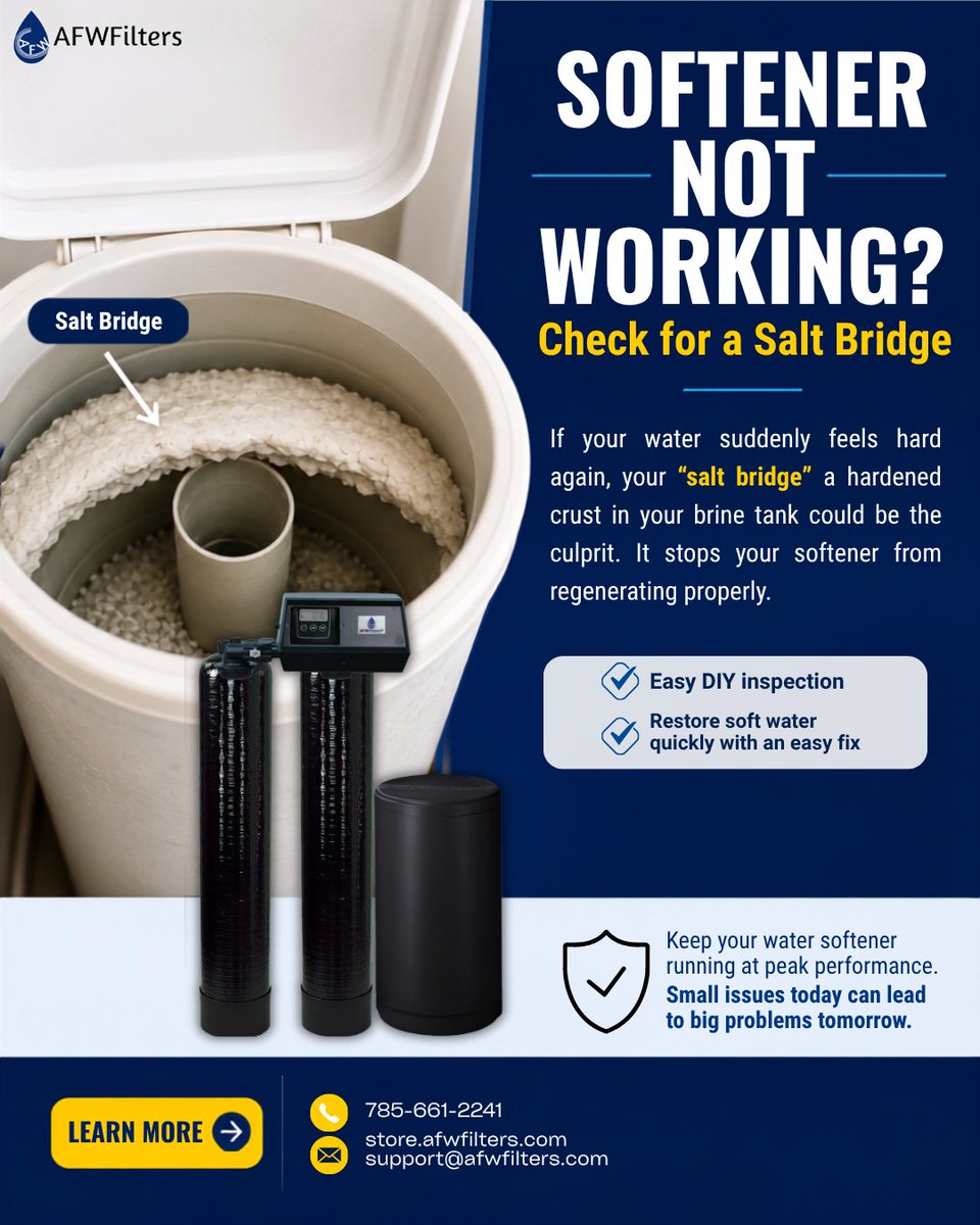 FiltersAfw's tweet photo. Hard water suddenly back? A salt bridge could stop your water softener from regenerating properly. AFW Filters offers replacement parts and water softener solutions.

🌐 https://t.co/qvv3Z9VlA1

#AFWFilters #WaterSoftener #HardWater #CleanWater https://t.co/DRyo0aNAKx
