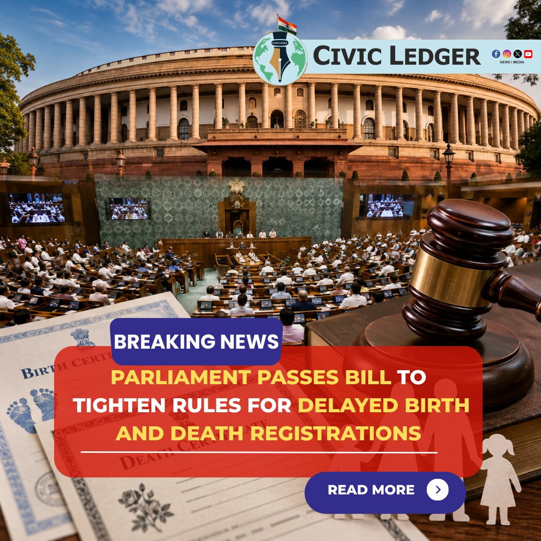 CivicLedger731's tweet photo. PARLIAMENT PASSES BILL TO TIGHTEN RULES FOR DELAYED BIRTH AND DEATH REGISTRATIONS
#Parliament #BirthCertificate #DeathCertificate #IndiaNews #RegistrationBill https://t.co/2LmeaTRSJ0