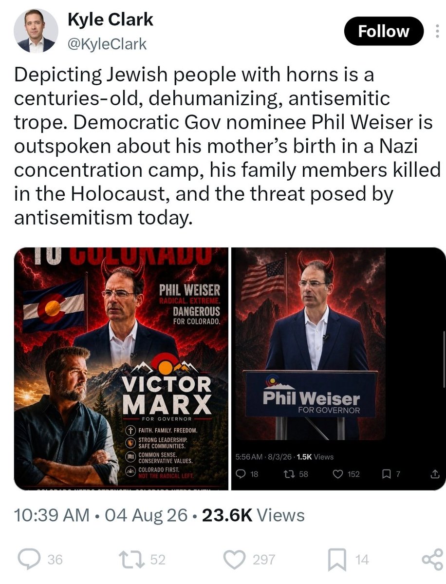 jeffhunt's tweet photo. Jews were lit on fire in Boulder and harassed on college campuses under Phil's watch as Colorado's top law enforcement officer, but thanks for covering the meme, Kyle.

Btw - the Denver Dem candidate for Congress said that Israel got what it deserved on Oct. 7.

Strain the gnat, swallow the camel.