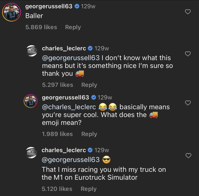 technorodrigo's tweet photo. this russell leclerc interaction 😭😭 https://t.co/sRgSe9xua5