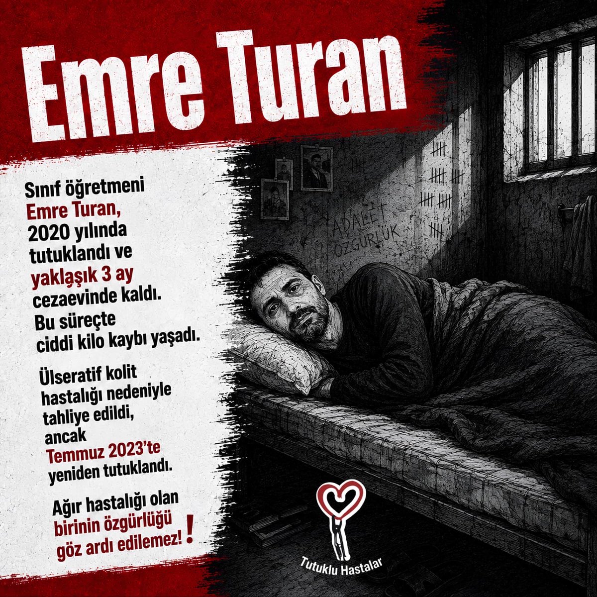 Gayret0021's tweet photo. İnsan Hakları Derneği’nin verilerine göre cezaevlerinde en az 1.412 hasta mahpus bulunuyor.

Bu kişilerin 335’i ağır hasta kategorisinde değerlendiriliyor.

Yaşam hakkı ve sağlık hakkının korunması, hukuk devletinin temel yükümlülüklerindendir.

Cezaevinde 1412Hasta https://t.co/Ii3efHc2QA