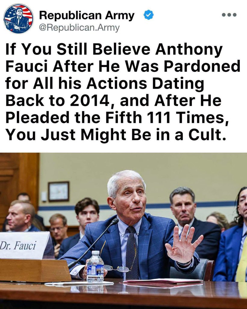 karenFischzy8x's tweet photo. The truth always comes out eventually. When a man who demanded total obedience from the American people gets a sweeping pardon covering more than a decade of decisions, and then hides behind the Fifth Amendment over a hundred times under oath, it raises serious questions about what really happened behind the scenes.

Millions of lives were disrupted by lockdowns, mandates, and shifting guidance that often contradicted earlier statements. Trust was broken when experts claimed absolute certainty only to reverse course later. Pleading the Fifth after receiving such broad protection only deepens the suspicion that full transparency was never the priority.

Accountability matters. The American people deserve honest answers about the origins, the policies, and the science that shaped those years. Silence and special treatment only confirm that power was protected more carefully than the public’s right to know.