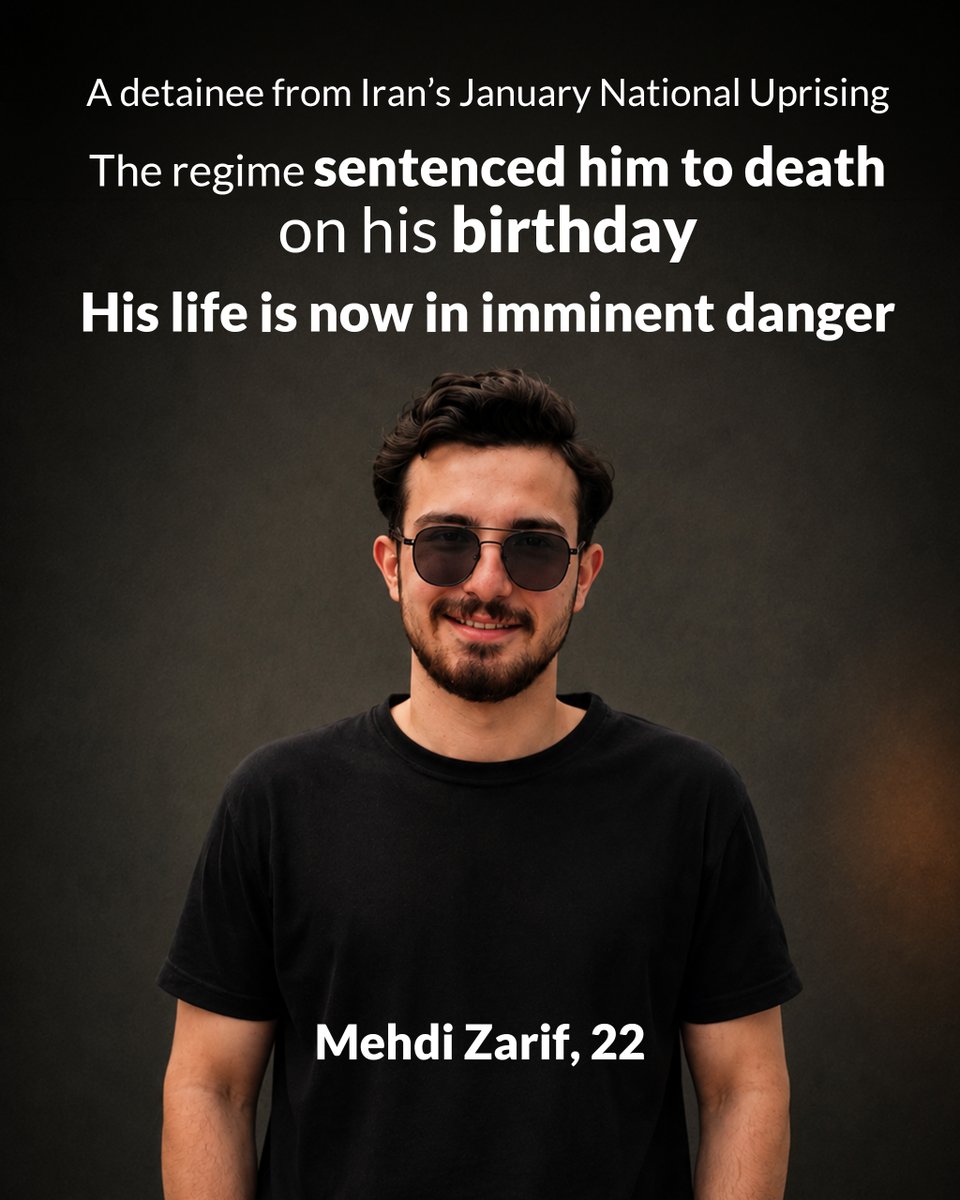 PahlaviComms's tweet photo. Mehdi Zarif is only 22.

On his birthday, he was handed a death sentence by the Islamic Republic.

Arrested during Iran’s National Uprising, Mehdi was subjected to intense pressure, forced to confess, and suffered a heart complication during interrogation.

His life is now in grave danger, but there is still time to save him. Be his voice.