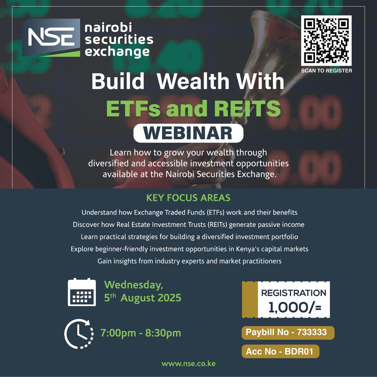 NSE_PLC's tweet photo. Build wealth through smarter investing. 📈

Join our ETFs & REITs Webinar and discover how to diversify your portfolio and grow your wealth.

📅 5th August 2025
🕖 7:00 PM – 8:30 PM

🔗 Register here: https://t.co/gIixvjpitf

#NSE #ETFs #REITs #InvestSmart #WealthCreation