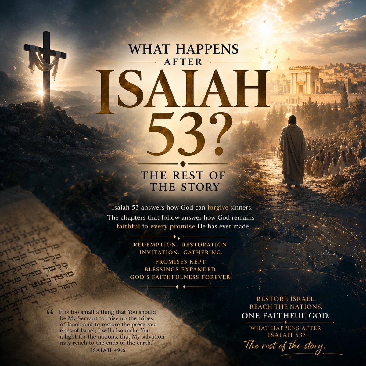 Mark_Wilson_25's tweet photo. What Happens After Isaiah 53?

Everyone knows Isaiah 53.

The suffering Servant.

The Man of Sorrows.

The One who was "pierced for our transgressions" and "crushed for our iniquities."

But very few people keep reading.

And that's a shame.

Because what happens after Isaiah 53 may be one of the most breathtaking prophetic progressions in all of Scripture.

Isaiah 53 answers how God can forgive sinners.

The chapters that follow answer how God remains faithful to every promise He has ever made.

Rather than jumping from one proof text to another, let's simply keep reading Isaiah.

Watch what happens.

The horizon keeps expanding.

Not away from Israel.

Outward through Israel.

Because God's promises don't disappear.

They unfold.

❖ Isaiah 53 — Redemption

The Servant bears our sins.

"He was pierced for our transgressions..." (53:5)

"My righteous Servant will justify many..." (53:11)

Redemption is accomplished.

But Isaiah isn't finished.

The cross was never God's finish line.

It was His foundation.

❖ Isaiah 54 — Restoration

Immediately, the spotlight turns to Zion.

"With everlasting lovingkindness I will have compassion on you." (54:8)

"My covenant of peace shall not be removed." (54:10)

The nation is restored.

God's covenant faithfulness has not failed.

The promises made to Zion remain the promises made to Zion.

God keeps His word.

❖ Isaiah 55 — Invitation

Then the circle grows wider.

"Come, everyone who thirsts..." (55:1)

"I will make with you an everlasting covenant, My steadfast, sure love for David." (55:3)

The blessings secured by the Servant are now freely offered.

The invitation reaches everyone who will come.

God's grace expands without canceling His promises.

❖ Isaiah 56 — Gathering

Then Isaiah does something remarkable.

Foreigners who join themselves to the LORD are welcomed.

Eunuchs once excluded receive "a name better than sons and daughters."

Then comes one of Scripture's greatest declarations:

"My house shall be called a house of prayer for all peoples." (56:7)

But don't miss the very next verse.

"The Lord GOD, who gathers the outcasts of Israel, declares, 'I will gather yet others to him besides those already gathered.'" (56:8)

The order matters.

First, the outcasts of Israel are gathered.

Then others are gathered alongside them.

Not instead of them.

The circle simply becomes larger.

This was never God's backup plan.

Fourteen centuries before Isaiah, God told Abraham:

"In you all the families of the earth shall be blessed." (Gen. 12:3)

The blessing promised through Abraham was always meant to reach the nations.

Jesus affirmed Isaiah's vision.

When He cleansed the Temple, He did not quote Isaiah 53.

He quoted Isaiah 56.

"My house shall be called a house of prayer for all the nations." (Mark 11:17)

The Court of the Gentiles—the very place where the nations were meant to seek Israel's God—had become a marketplace.

Jesus wasn't abandoning Isaiah's vision.

He was defending it.

Paul later confirms the same pattern:

"Christ became a servant to the circumcised to confirm the promises given to the patriarchs, and in order that the Gentiles might glorify God for His mercy." (Rom. 15:8–9)

Paul doesn't describe God's promises as transferred.

He describes them as confirmed.

If we wanted Isaiah himself to summarize this entire progression in one verse, he already did:

"It is too small a thing that You should be My Servant to raise up the tribes of Jacob and to restore the preserved ones of Israel; I will also make You a light for the nations, that My salvation may reach to the ends of the earth." (Isa. 49:6)

Restore Israel.

Reach the nations.

That is exactly where Isaiah takes us after chapter 53.

Notice the progression.

The Servant.

Zion.

Everyone who thirsts.

Foreigners.

All peoples.

And finally...

"All flesh shall come to worship before Me, declares the LORD." (Isa. 66:23)

Isaiah's vision keeps growing wider.

Nothing is replaced.

Everything expands.

A faithful Servant.

A restored Zion.

An everlasting covenant.

A welcomed world.

A gathering of the nations.

A worshiping creation.

One faithful God.

The New Covenant is not the story of God changing His mind.

It is the story of God keeping His word.

So...

What happens after Isaiah 53?

The rest of the story.