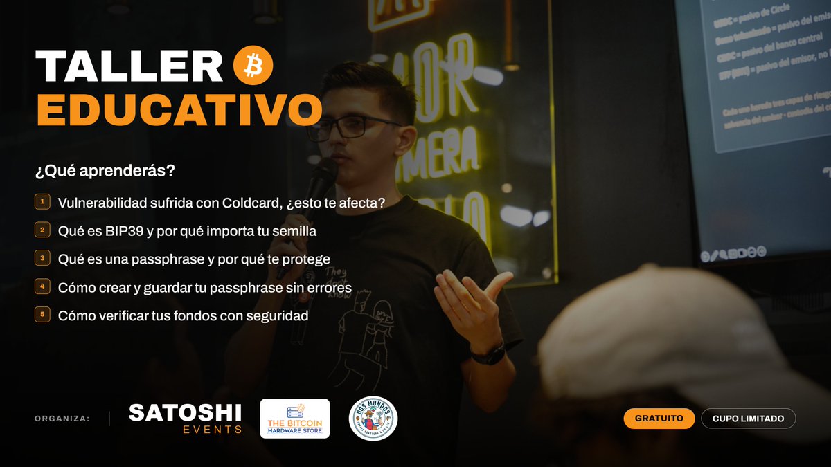 SatoshiEvents's tweet photo. UPDATE 📢

@tbhs_sv is joining the workshop to support the Salvadoran community.

Spots are filling up fast. Don't miss out ↗
https://t.co/8RtaG1eGHH https://t.co/kmoiy762lZ