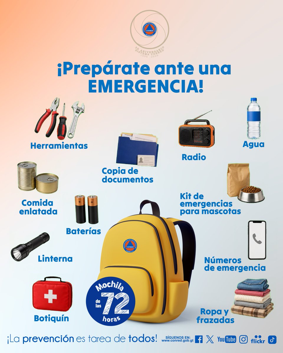 ConredGuatemala's tweet photo. Ante la actividad del #VolcánDeFuego ten lista tu mochila 🎒 de las 72 horas para estar listo ante cualquier emergencia 🚨

Recuerda incluir los artículos esenciales y adaptarla a las necesidades de cada persona de tu familia. La prevención comienza con una preparación inclusiva. https://t.co/cmHA8bkpXK