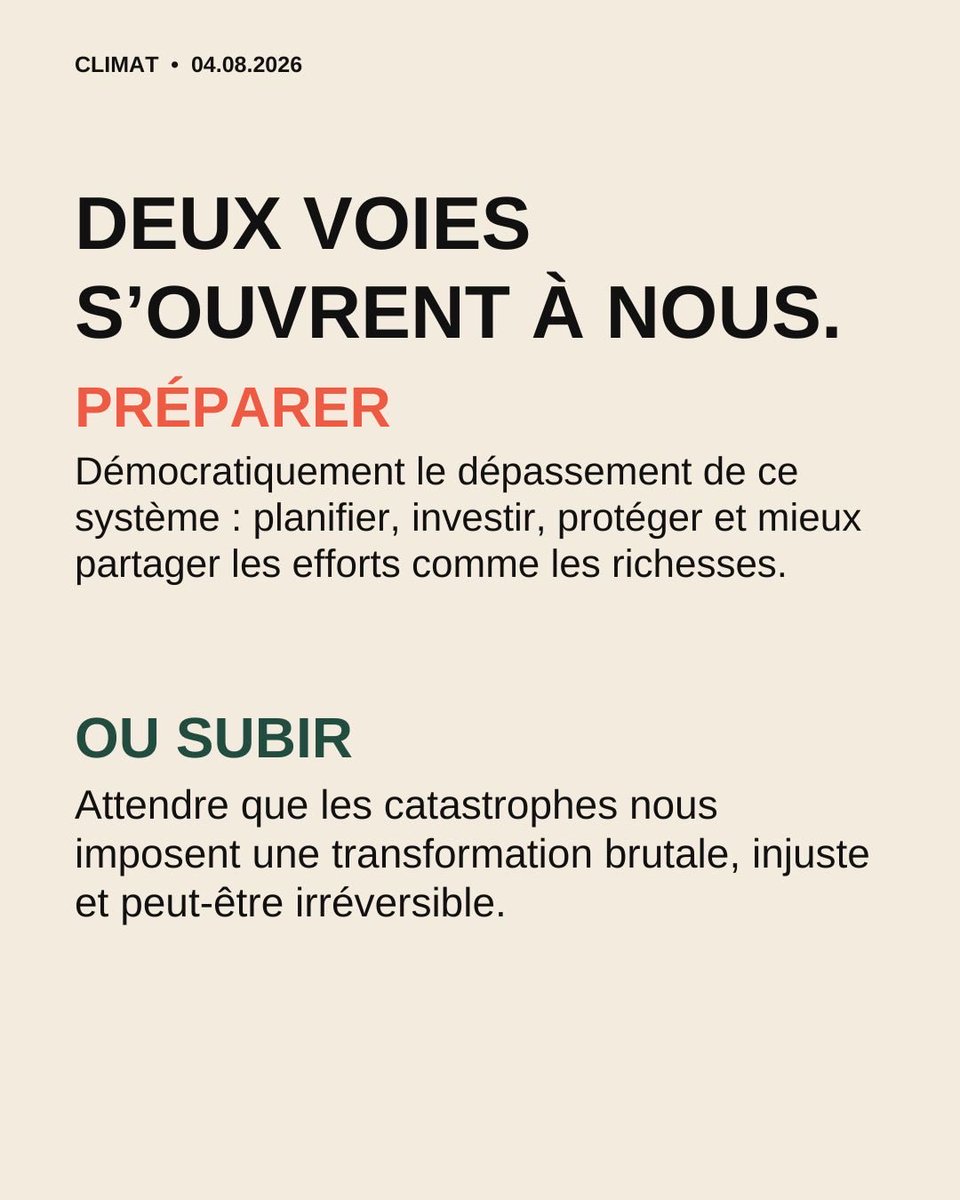 RandyNmz's tweet photo. Deux voies s’ouvrent à nous

PRÉPARER
Démocratiquement le dépassement de ce système: planifier, investir, protéger et mieux partager les efforts comme les richesses.
OU SUBIR
Attendre que les catastrophes nous imposent une transformation brutale, injuste et peut-être irréversible https://t.co/5SfmRSTD1h