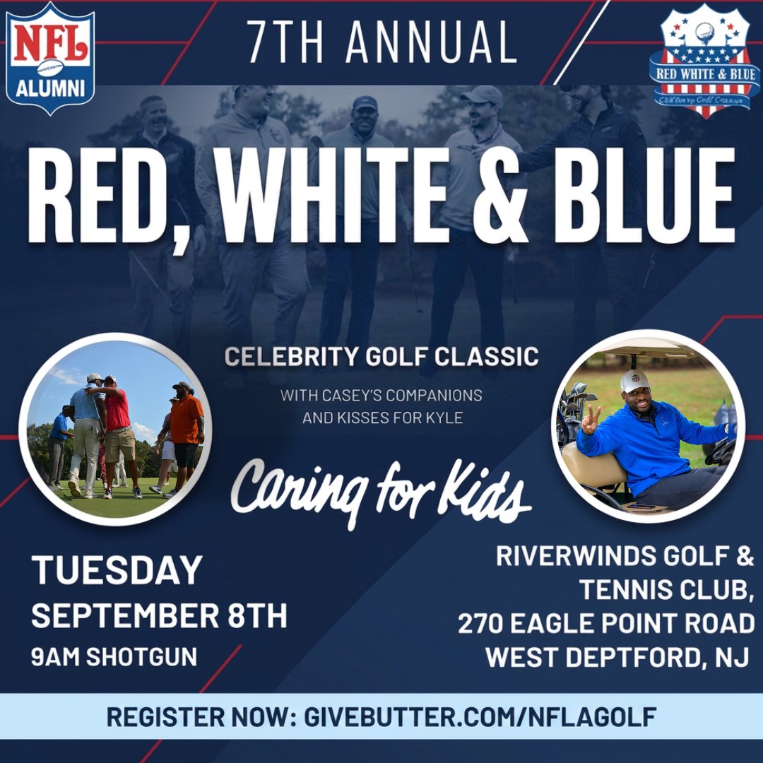 NFLAlumni's tweet photo. ⛳️ Tee it up for a great cause!

Join NFL Alumni for the 7th Annual Red, White & Blue Celebrity Golf Classic on Tuesday, September 8 at RiverWinds Golf & Tennis Club in West Deptford, NJ.

Enjoy a day on the course with NFL Alumni while supporting two incredible organizations—Casey's Companions and Kisses for Kyle (@Kissesforkyle ) helping make a difference in the lives of children with cancer and their families.

📍 RiverWinds Golf & Tennis Club
🗓 Tuesday, September 8
⏰ 9:00 AM Shotgun Start

Register today: https://t.co/w1xPduBLTF

Bring your clubs, invite your foursome, and help us make an impact—one swing at a time. 💙❤️🤍

#NFLAlumni #CelebrityGolf #GolfTournament #GivingBack #CaringForKids #CaseysCompanions #KissesForKyle #GolfForACause #SouthJerseyEvents #NJGolf #CommunityImpact #CharityGolf