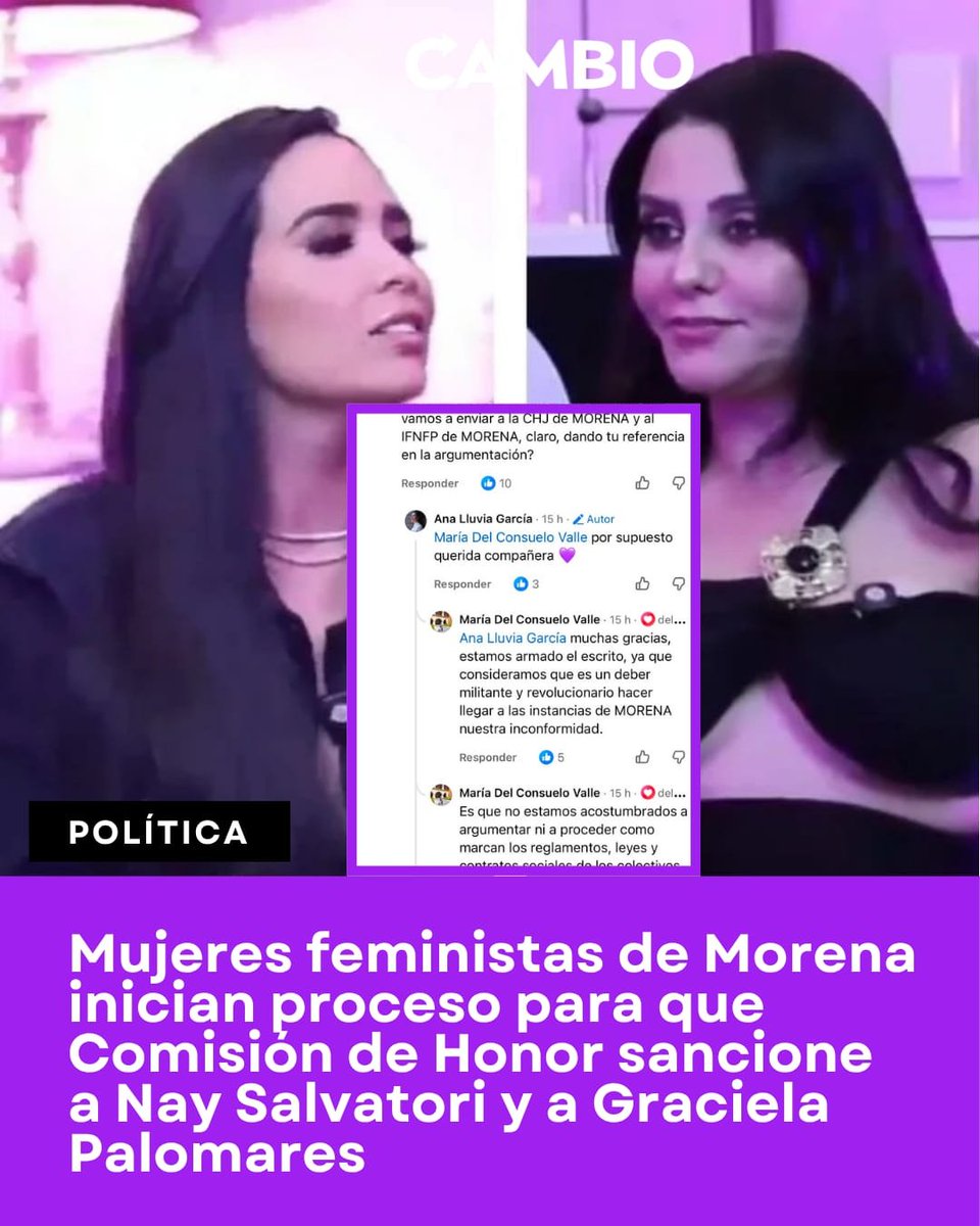Diario_Cambio's tweet photo. 🟣Mujeres feministas de Morena inician proceso para que Comisión de Honor sancione a Nay Salvatori y a Graciela Palomares

Militantes de base, colectivas feministas y mujeres integrantes de Morena en Puebla iniciaron la integración de un escrito dirigido a la Comisión Nacional de Honestidad y Justicia (CNHJ) del partido para solicitar un procedimiento en contra de las diputadas locales Nayeli Salvatori Bojalil y Graciela Palomares Ramírez, tras las expresiones discriminatorias hacia personas adultas mayores.

#diariocambio #Puebla @Naysalvatori @GracePalomares