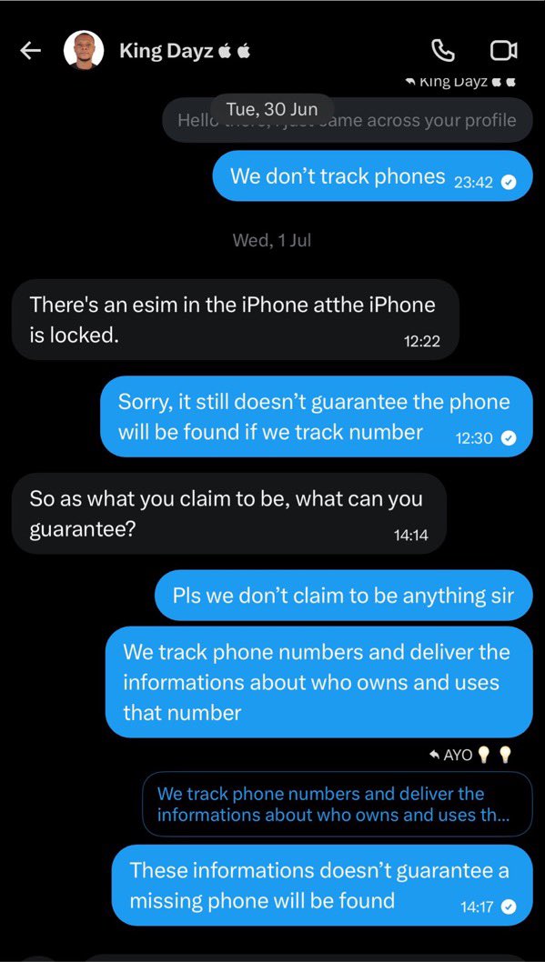 sepril23NG's tweet photo. Dear vendors and service providers, As you pray and spend money on PR, adverts and visibility, also pray that those who hate you or your business for no reason don’t find you
Some human beings can be incredibly difficult, and every vendor or service provider hopes never to encounter situations like this.

This individual @daveeddaystar has been in our DMs since November 2024 for one enquiry or another and has never for once paid us for any services 
He’ll either claim he wants to track a stolen phone (which we have publicly announced that we don’t track severally) or he wants to track a number from an European country which we also do not track.

Recently as he DMd again claiming he wants to track a stolen phone. Our staff politely explained that there are no guarantees when it comes to recovering stolen devices, even when an eSIM-linked number. We believe in being transparent and setting realistic expectations from the start instead of collecting money for a service we cannot guarantee result.

That was the extent of our interaction.

Surprisingly, this same person UNPROVOKED then began going under post and comment where people who have experienced our services recommended us to publicly, falsely claiming that we discourage clients from tracking phone numbers or refuse to provide the very services we are known for.

why would a business invest millions in building a website, paying staff salaries, and promoting specialized services, only to reject the exact services it is known for?

Constructive criticism is understandable, but spreading falsehood and bad informations to damage a business’s reputation without cause is something entirely different.

We have seen competition, criticism, and even negativity over the years, but unprovoked attempts to discredit a business is purely evil.

At the end of the day, honesty and transparency remain our guiding principles. If a service has limitations, we will always communicate that clearly before receiving payment for a job rather than make promises we cannot guarantee.

Attached is one of the comments he’s spreading about our business which is the exact opposite of the response of our staff when he reached out to track a stolen phone ( a service we do not offer)