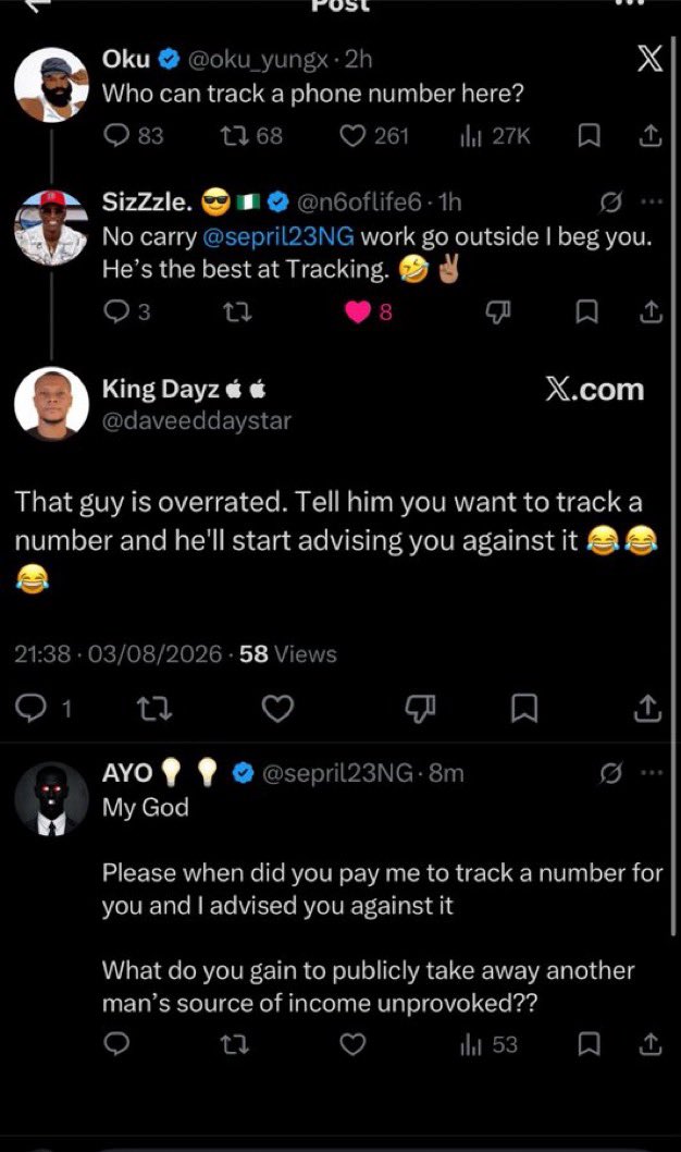 sepril23NG's tweet photo. Dear vendors and service providers, As you pray and spend money on PR, adverts and visibility, also pray that those who hate you or your business for no reason don’t find you
Some human beings can be incredibly difficult, and every vendor or service provider hopes never to encounter situations like this.

This individual @daveeddaystar has been in our DMs since November 2024 for one enquiry or another and has never for once paid us for any services 
He’ll either claim he wants to track a stolen phone (which we have publicly announced that we don’t track severally) or he wants to track a number from an European country which we also do not track.

Recently as he DMd again claiming he wants to track a stolen phone. Our staff politely explained that there are no guarantees when it comes to recovering stolen devices, even when an eSIM-linked number. We believe in being transparent and setting realistic expectations from the start instead of collecting money for a service we cannot guarantee result.

That was the extent of our interaction.

Surprisingly, this same person UNPROVOKED then began going under post and comment where people who have experienced our services recommended us to publicly, falsely claiming that we discourage clients from tracking phone numbers or refuse to provide the very services we are known for.

why would a business invest millions in building a website, paying staff salaries, and promoting specialized services, only to reject the exact services it is known for?

Constructive criticism is understandable, but spreading falsehood and bad informations to damage a business’s reputation without cause is something entirely different.

We have seen competition, criticism, and even negativity over the years, but unprovoked attempts to discredit a business is purely evil.

At the end of the day, honesty and transparency remain our guiding principles. If a service has limitations, we will always communicate that clearly before receiving payment for a job rather than make promises we cannot guarantee.

Attached is one of the comments he’s spreading about our business which is the exact opposite of the response of our staff when he reached out to track a stolen phone ( a service we do not offer)