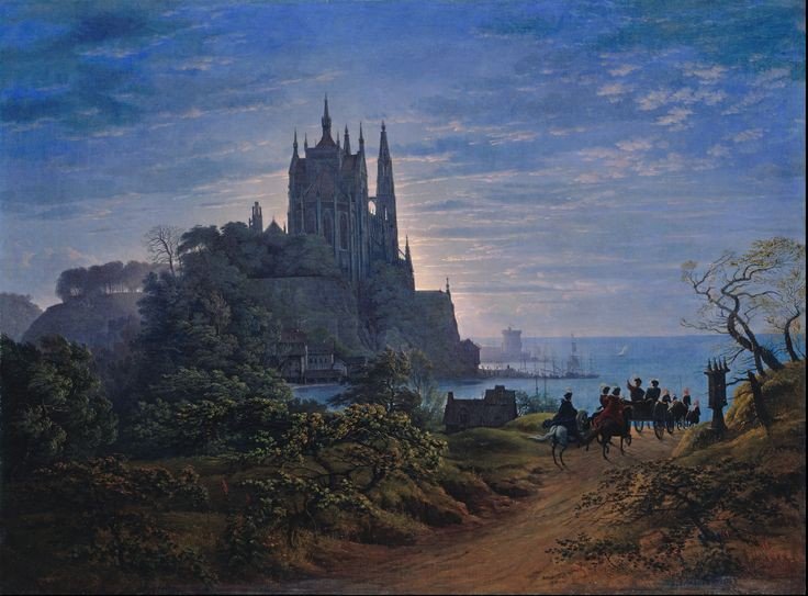 cartographer_s's tweet photo. Gothic Church on a Rock by the Sea - Karl Friedrich Schinkel, 1815 https://t.co/bNEdQ5vLKs