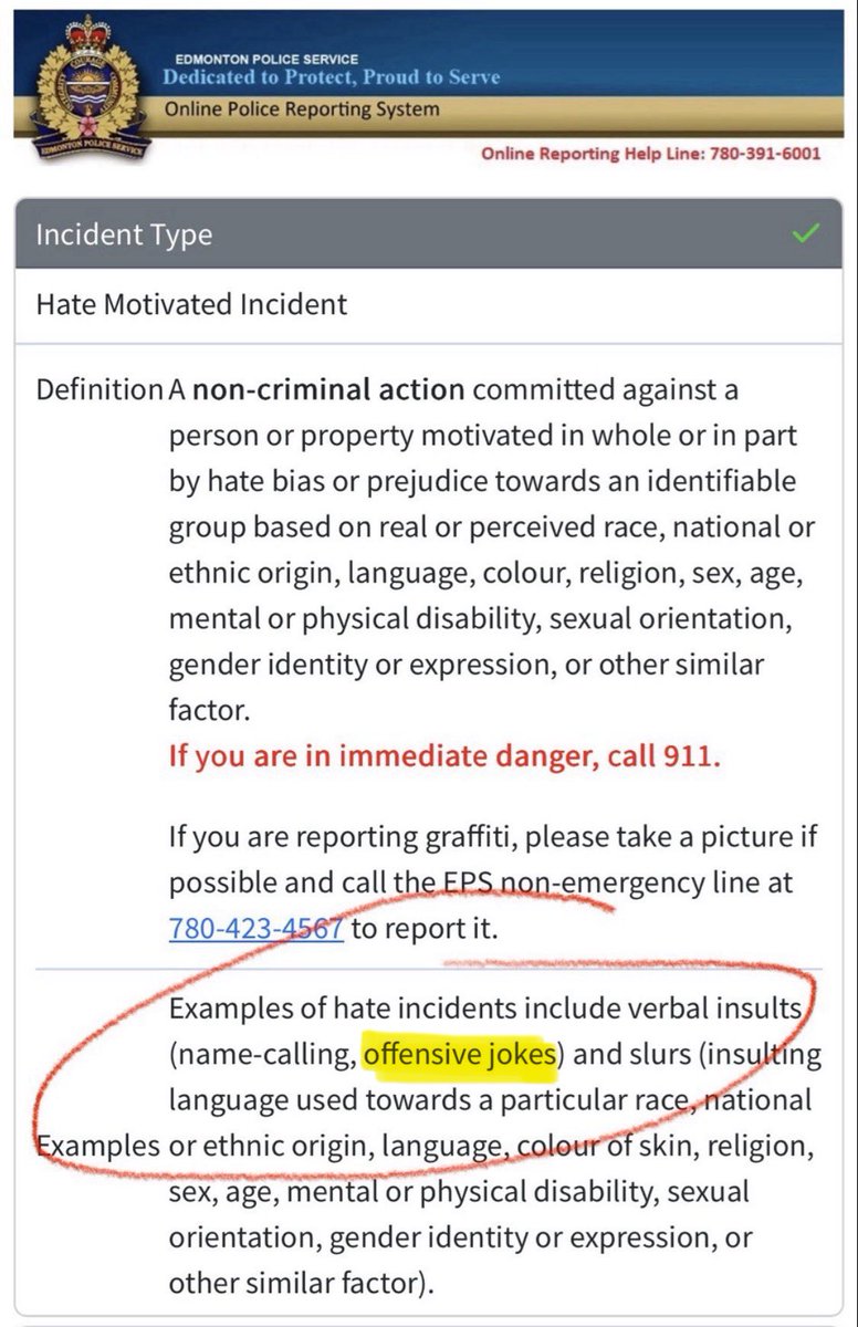 MarcNixon24's tweet photo. CANADA HAS LOST THE PLOT. 🇨🇦

Edmonton Police lists “offensive jokes” as an example of a hate-motivated incident.

The greatest comedians in history built careers on offending everyone equally.

You know what’s becoming the biggest joke?

Canada. https://t.co/Z21thJLJuc