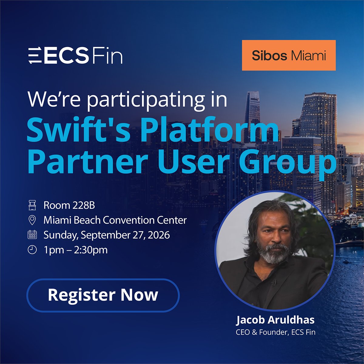 ecsfin's tweet photo. @ECS Fin is participating in the @swiftcommunity @Sibos Platform Partner User Group in Miami this year! 

Register here: https://t.co/GSSBHhaFyy

#Sibos2026 #Payments https://t.co/c6DaFJjSjI