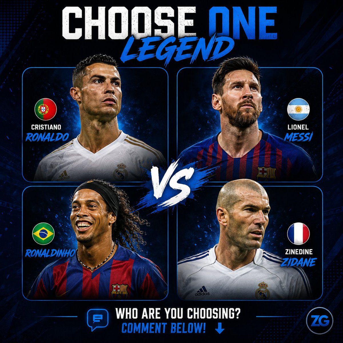 ZaydGamingFc's tweet photo. ⚽ You can only sign ONE legend for your current club...

🇵🇹 Cristiano Ronaldo
🇦🇷 Lionel Messi
🇧🇷 Ronaldinho
🇫🇷 Zinedine Zidane

Who are you choosing? 👀👇

#Football #Soccer #CR7 #Messi #FootballFans https://t.co/bjVQ8BpWuC
