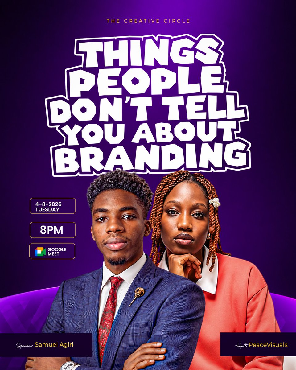 PeaceVisuals1's tweet photo. 🚨 1 Hour to Go! ⏰

We're almost live!

Topic: Things People Don't Tell You About Branding

🕗 8:00 PM (WAT)
📍 Google Meet
🔗 Join the community to get the meeting link:
 https://t.co/Fg6mYdgtAT

See you in an hour! 💜🔥 https://t.co/yaWyib8j7x