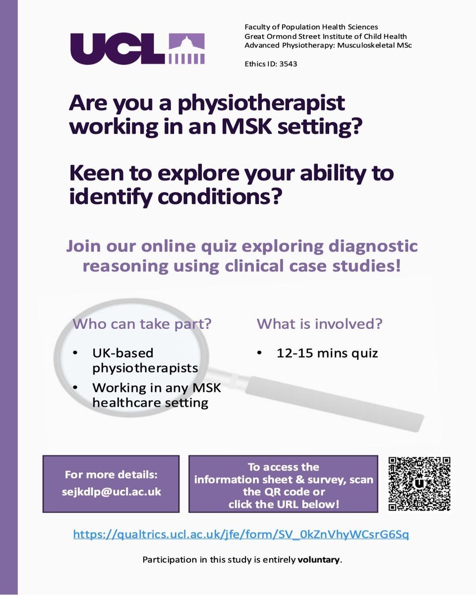 PhysioMACP's tweet photo. 🚨 Calling all MSK physiotherapists in the UK! 🚨

I'm conducting a research project for my Advanced Physiotherapy: Musculoskeletal MSc at University College London (UCL).

Please fill out this short quiz on identifying conditions in MSK patients.

https://t.co/T8oaI5qsJ1 https://t.co/JkZ4BawLvV