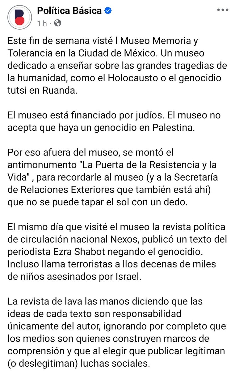 Politica_Basica's tweet photo. Ya no utilizo esta red social para compartir lo que escribo.

Hago esta excepción para condenar públicamente el texto de @ezshabot sobre el genocidio en Gaza y el hecho que @nexosmexico - donde escribí una docena de textos- se lave las manos. https://t.co/goimDJycwn