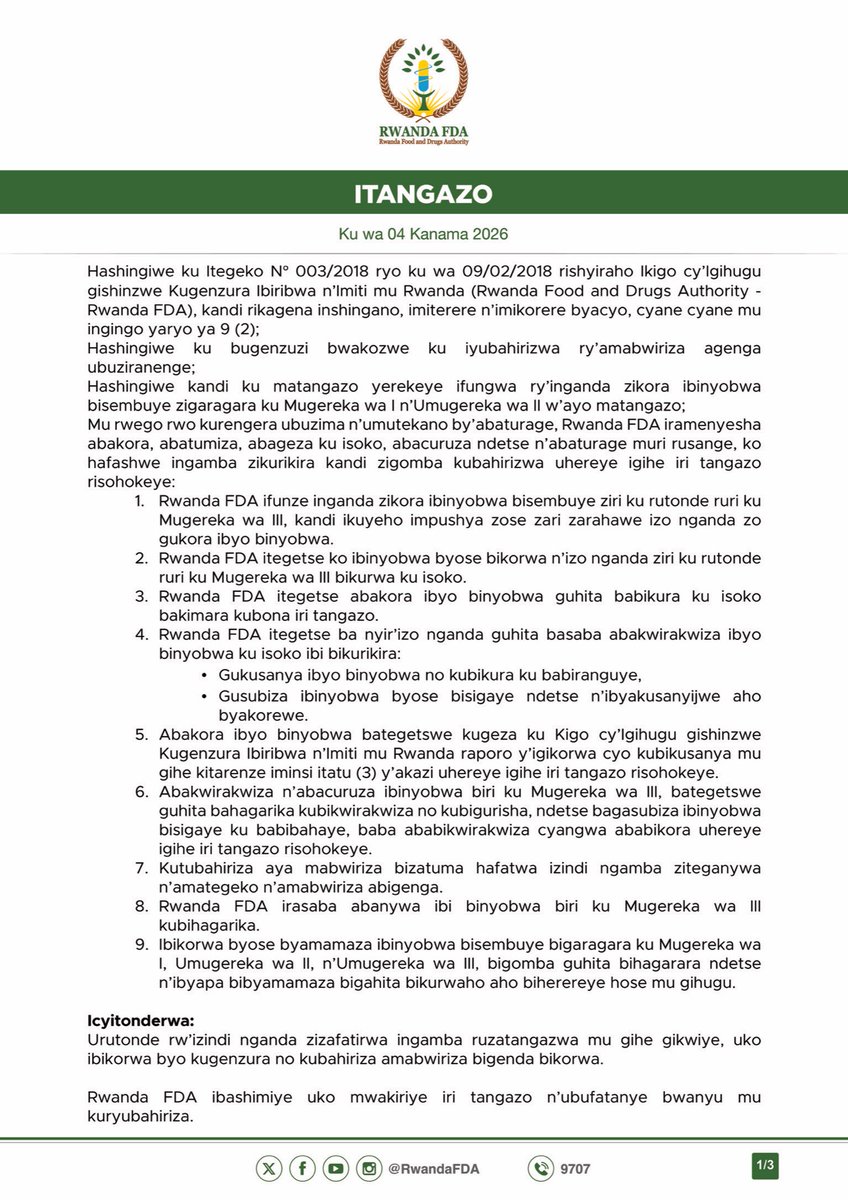 RwandaFDA's tweet photo. Rwanda FDA iramenyesha abantu bose ko yafashe icyemezo cyo gufunga izindi nganda zikora ibinyobwa bisembuye no gutesha agaciro impushya zazo zo kubikora. 

Icyitonderwa: Hategetswe ko ibikorwa byose byamamaza ibinyobwa birebwa n’iki cyemezo bihagarikwa, ndetse n’ibyapa byose bibyamamaza bigakurwaho mu gihugu hose.

Soma itangazo ryose hano: https://t.co/CKRL65zEQ1