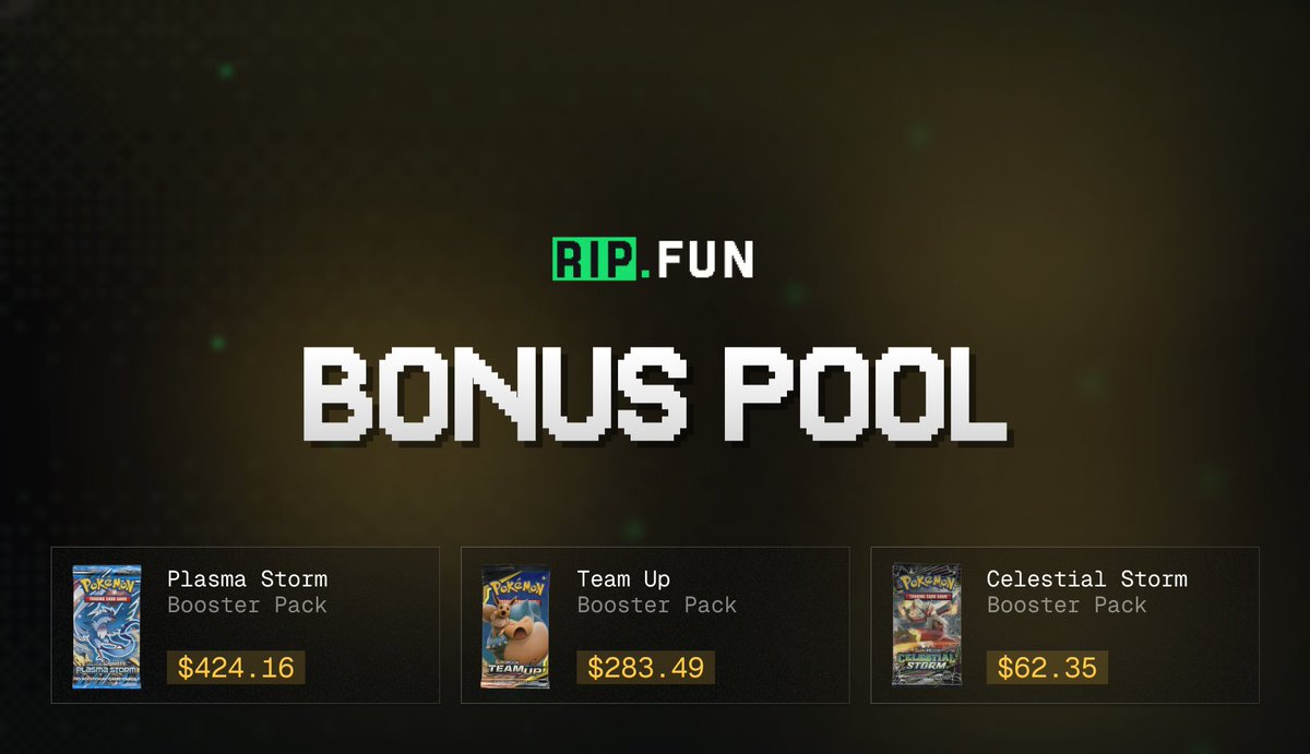 ripdotfun's tweet photo. BONUS POOL ➕➕➕➕

Every rip gets a free 5% roll at an extra prize, on top of your normal pulls.

Every prize claimed shrinks the pool, so your odds on everything left keep climbing.

Every Pro Mystery Cards ($55) rip rolls a second prize on the house. https://t.co/yIZdBUzqQa